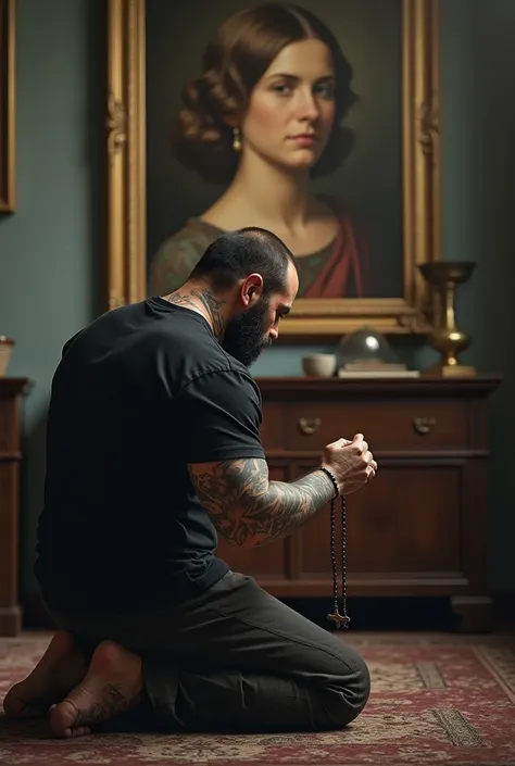 It generates the image of a strong muscular man with medium beard, short hair tattooed on his arms and neck. I put on a black t-shirt, he kneels in front of the portrait of his mother who died, he wears a rosary in her hand and prays