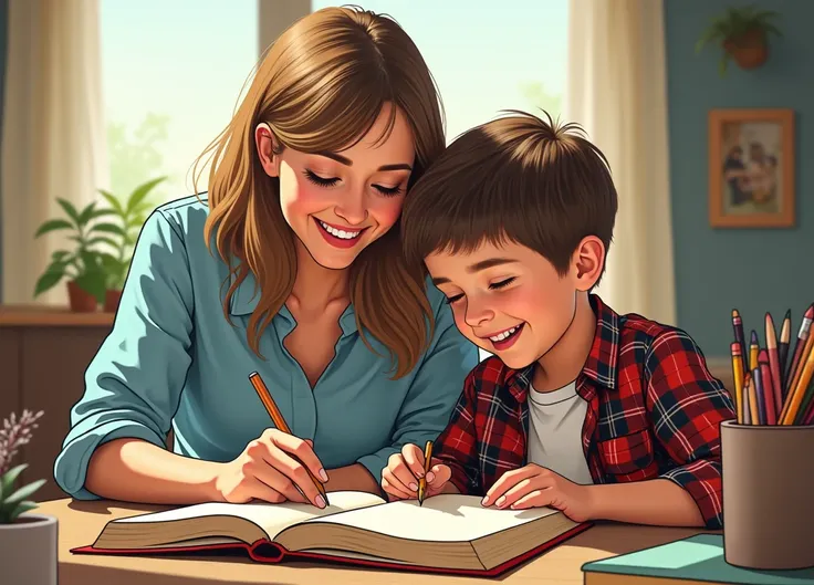 Cheerful scene of a woman and a young boy engaged in a creative activity. The woman in the light blue shirt is smiling as she helps the boy in the tartan shirt to read a book. Capture their happy expressions and interactions to convey a sense of warmth and...