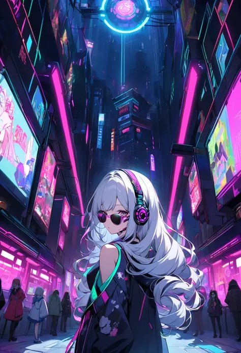 Silver Hair .  beautiful woman with curled hair and sunglasses 、 wearing large headphones - earpiece or surround、 Room of Darkness 、Neon Cyberpunk at night 、 coordinator Neon Glow 、Shrine maiden