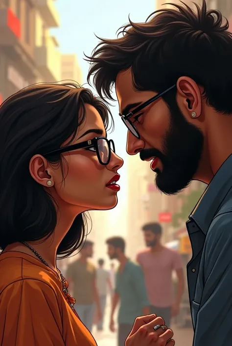 Short Bengali woman with shoulder length hair wearing cat eye specs fighting with a tall black Indian man with beard wearing rectangular glasses. Black man loves the the woman so he is trying to calm her down