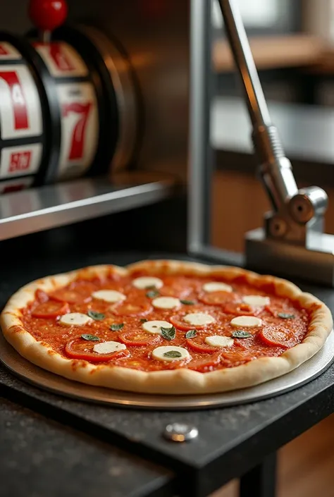 Presse a pizza fonctionnant avec une presse manuelle sous forme de plaque qui sabaisse sur la pâte pour deposer la garniture grace a un levier manuel  semblable a celui dune machine de loterie dans un casino