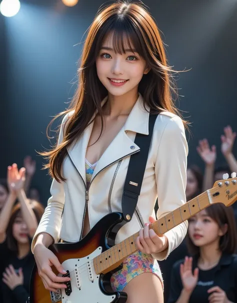 ((white leather biker jacket)), ((Long brown hair ))、((Horizontal droopy eyes)),  Hair Swaying in the Wind 、(( wears colorful lace panties)),((Sing passionately on stage)),((While playing the guitar)). The audience cheered.、Stage lights flashing, masterpie...