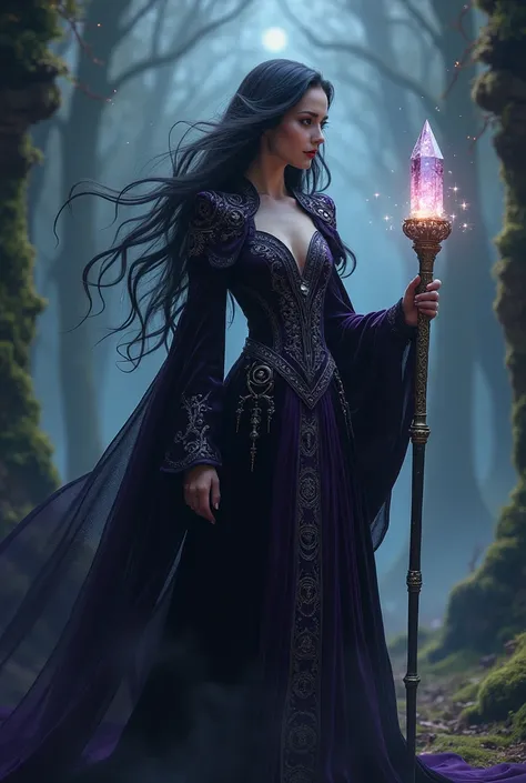  possesses. Create an enigmatic and powerful sorceress inspired by Morgana Le Fay ,  the mythical figure of the Arthurian legend .  His long, dark hair flows with a subtle shine ,  as if bathed in moonlight . His piercing eyes, full of mystery and magic , ...