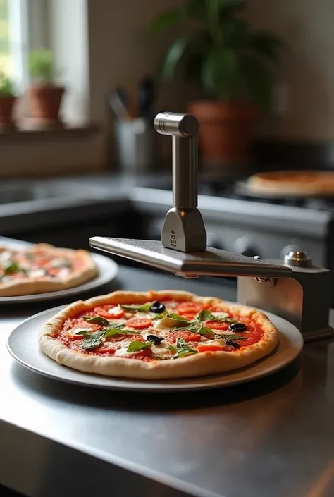 Presse a pizza fonctionnant avec une presse manuelle sous forme de plaque qui sabaisse sur la pâte pour deposer la garniture grace a un levier 