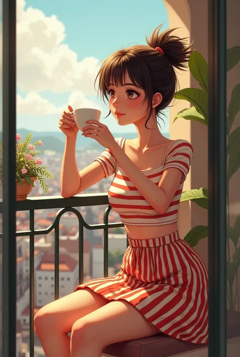 A girl with a stripped skirt and torso ,  she is 20 years old and she is tunia and she is on a balcony drinking coffee