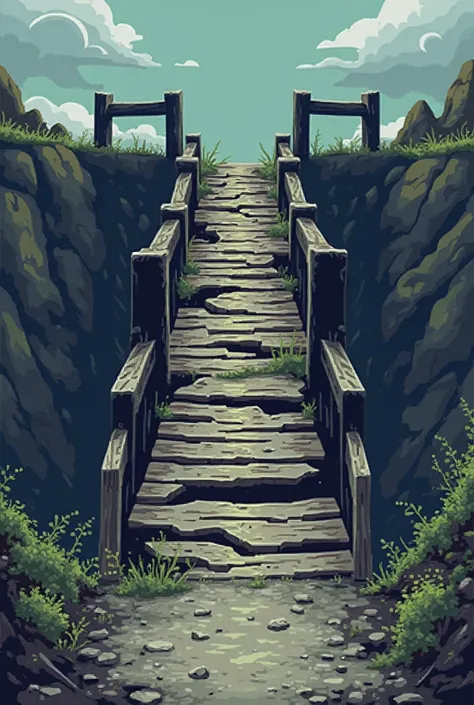 Create a picture of a broken bridge in pixel art