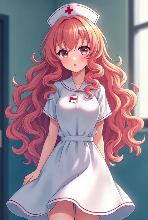  A girl with long hair and has well-defined spiral-shaped or spring-shaped curls with plenty of volume.  The curls appear to be relatively uniform in size and texture, The curls are not too tight maybe its medium , She wears nurse clothes ,  anime style 