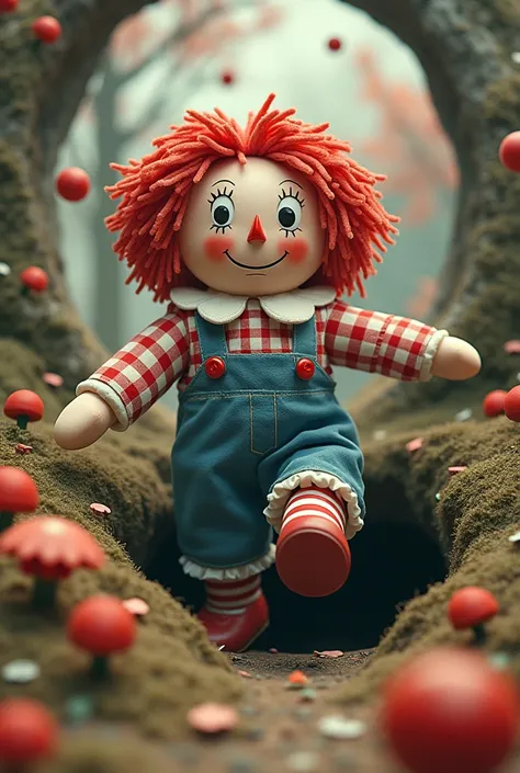 Create raggedy Andy with Alice jumping a rabbit hole that spells conji in wonderland 