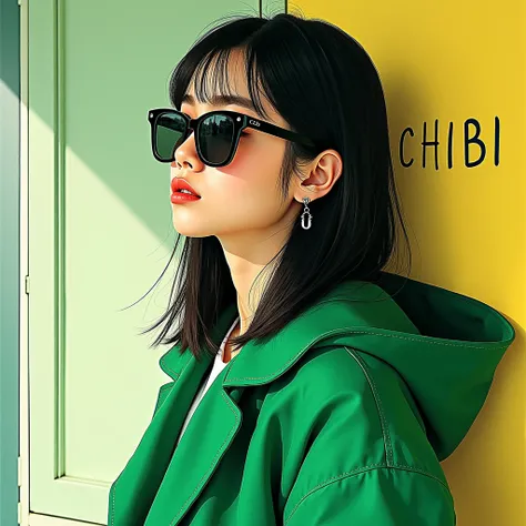 Generate an image of Generate an image of a beautiful korean girl wearing a emerald casual Attire with  and sunglasses facing right,   STRAIGHT HAIR, name CHIBI is written on wall . .In the style of Fluorescent color painting