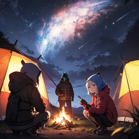 rain, Outdoor Camping ,   knight , Alien planets, Alien Animals , Alien technology, Alien planetss and unknown constellations in the   knight  sky, fantastic  Outdoor Camping  on an Alien planets, Movie Frame,  very detailed, Very long, hyperactivity , Ult...