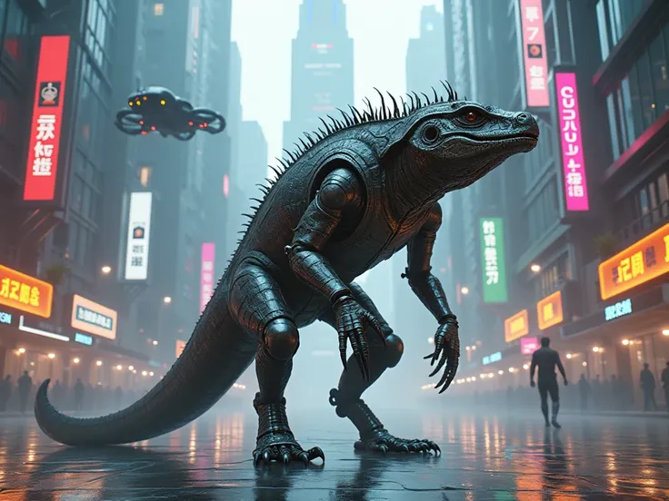 Giant lizard cyborg avenue futuristic city