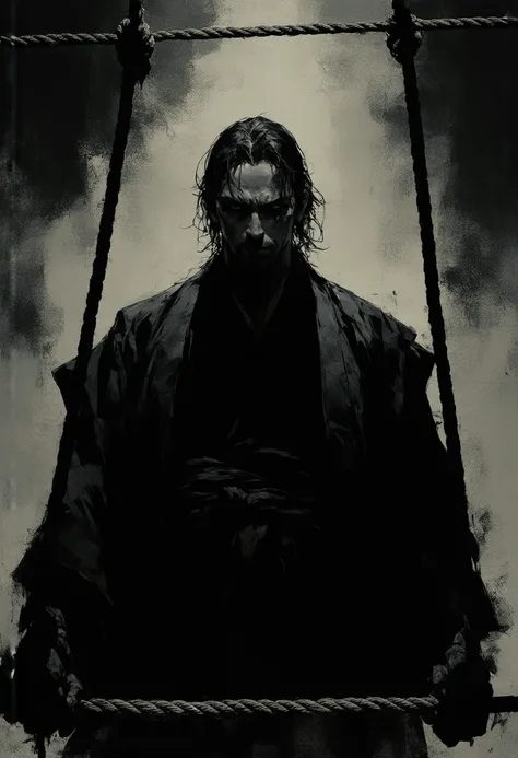 A Japanese serial killer moments  execution, hanging on the gallows, depicted in a dramatic comic art style. The character is drawn with sharp, exaggerated features, a sinister smirk on his face, and traditional Japanese clothing. The gallows is detailed w...