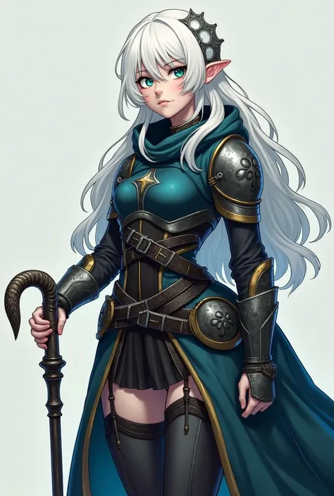 of average height and athletic build ,  eira has bright white hair and eyes that change color according to her emotions .  her practical clothing is reinforced with metal plates and she wears a cane with arcane runes.