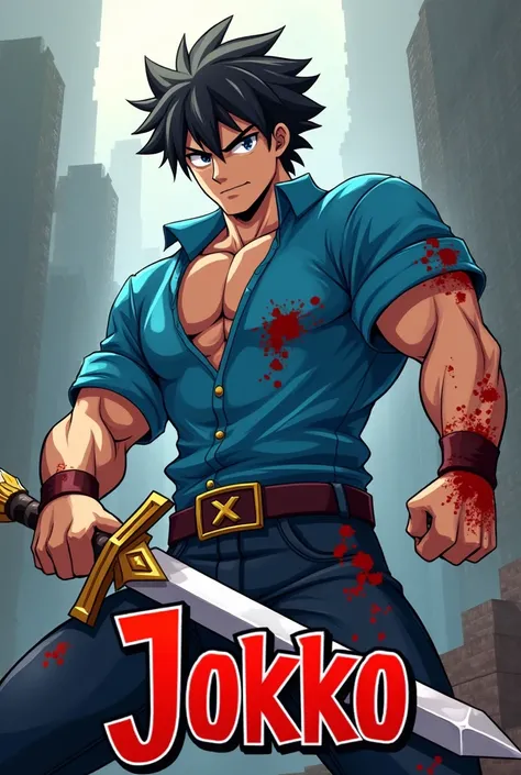 Minecraft.but anime man.Hes holding a sword.Hes wearing a blue shirt.he is not baby.There is blood on him.is a logo.logo text is JOKKO.logo is under the him.that is anime.he have mashle and storng body