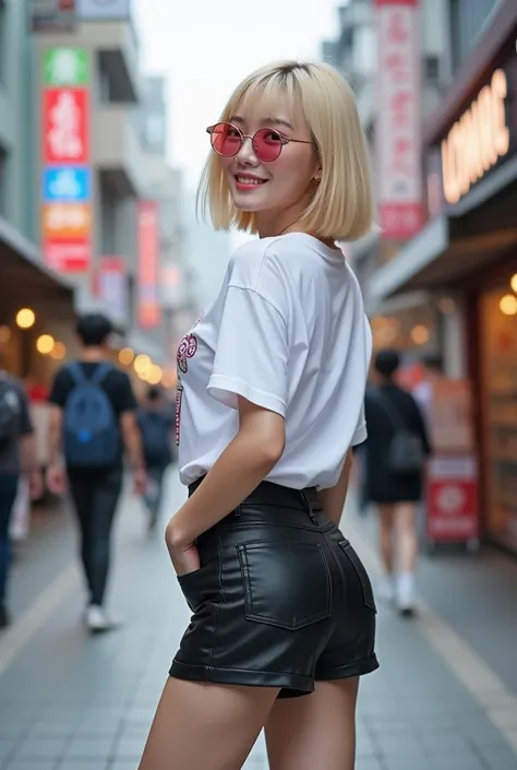  back view,whole body, Enjoy a Myeongdong Trip with Friends , 20 year old Japanese woman ,cute,Idol,Idol, Portrait,Model, short bob,bangs,Blonde, small breasts,Gloss,super high waisted black leather shorts, ( small ass ),Short white T-shirt,White platform ...