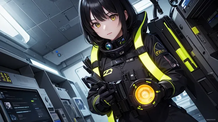 from future intelligence, technology background, complex mission, sudden mystery, unexpected result, unknown variables, strange data, confident look, space black pioneer dress, yellow eyes, black hair