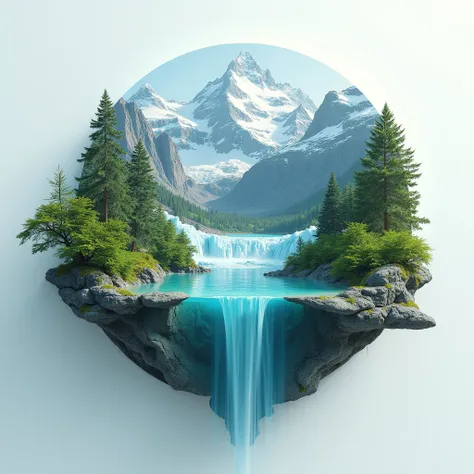 An air conditioner in harmony with nature, integrated with majestic landscapes like mountains, waterfalls, glacial ice, snowy peaks, and a tranquil lake. Organic, surreal, and evocative design symbolizing the balance between technology and nature
