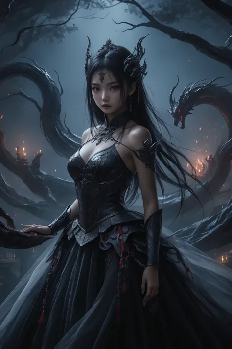 UHD, 8k, ultra detailed, an Asian girl ， a cinematic photograph of Dark Fantasy Art, a girl with Tulle skirt,making eye contact, dark, moody, dark fantasy style, beautiful lighting, great composition