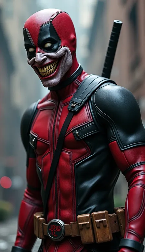 A twisted hybrid emerges, wearing Deadpool’s iconic red and black mask, but with the Joker’s grotesque, stretched grin sewn across it. His smile, wide and maniacal, pulls the mask into an unsettlingly permanent expression, reflecting a madness fueled by bo...