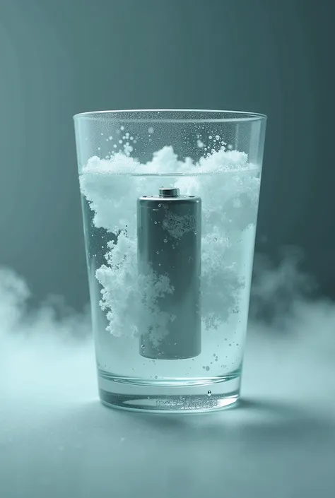 I want an image of a precipitated glass with a clear liquid in which a telephone battery is submerged