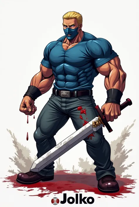 Minecraft.but anime man.Hes holding a sword.Hes wearing a blue shirt.he is not baby.There is blood on him.is a logo.logo text is JOKKO.logo is under him.that is anime.he has mashle and storng body. He put on a blue mask