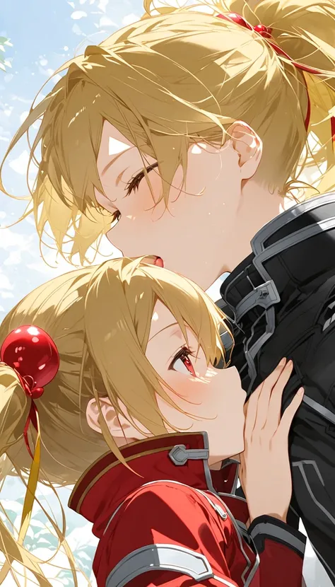  Silica and Kirito from Sword Art Online, romantic kiss and hug while Kirito squeezes Silicas butt with one hand. A single image,  full body . 