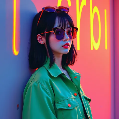 Generate an image of Generate an image of a beautiful korean girl wearing a emerald casual Attire with  and sunglasses facing right,   STRAIGHT HAIR, name CHIBI is written on wall . .In the style of Fluorescent color painting