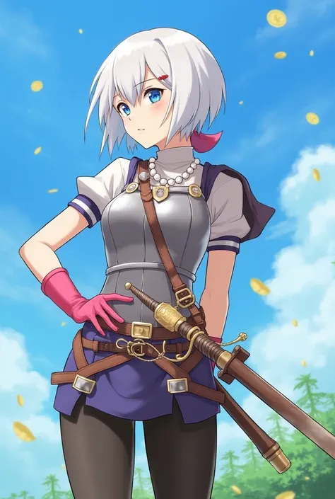 (masterpiece,  best quality:1.1), thief (dq3), 1 Girl,  unique , Short hair, White hair,  blue eyes ,  medium breasts, Pink gloves, Jewelry, Pearl Necklace, earrings, belt, sword, Breastplate,  black tights , Bag, (coin, sword on hip:1.2), ( Dutch angle,  ...