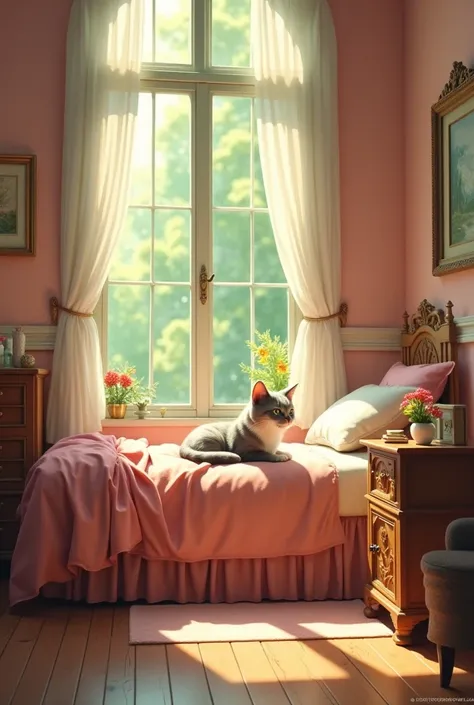 small bedroom, green tinted wood floor, floor to ceiling window, cat on the bed, antique design pink walls