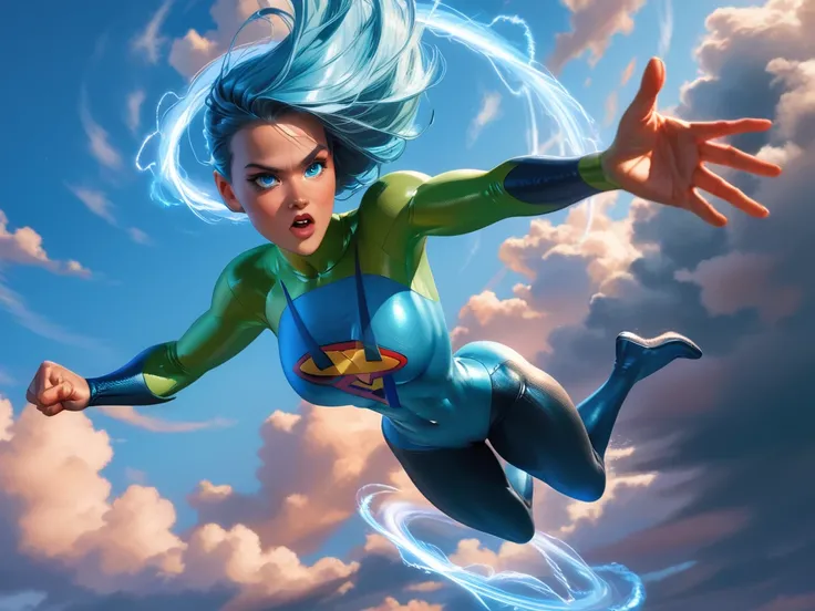 Voyd from the incredible, tight suit, super-héroïne,dynamic pose,large ass,detailled body,small head,flying in the clouds,camel-toe,huge breast,detailled abs,strong abs,blue power aura,impression of speed, flying head first,flying hands first,flying superm...