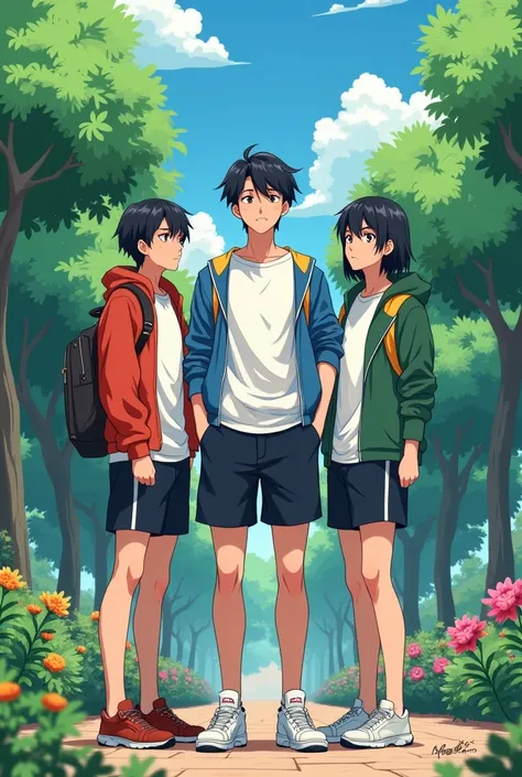 
a guy having 2 clones same as him where one clone is  the picture should be anime style and the background of this picture should be in a park the guy has black heir and other guys have the same heir coller but have deffrent dress 