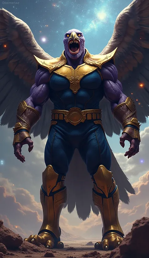 Thanos Marvel with the head of a roaring and furious condor 