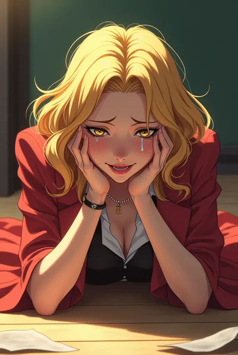  A mature young adult woman with big blond hair and yellow eyes, In the clothes of little yellow patricinha ,  crying a lot with tears streaming from your eyes, Fall on the school floor in front of everyone ,  anime style 