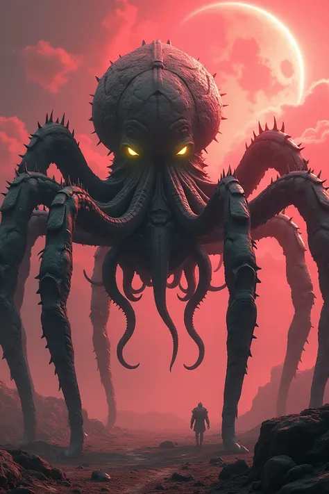 "In the heart of an alien battlefield lit by the glow of a massive red star, a monstrous hybrid creature emerges. Its body is an unholy fusion of an octopus and an armored spider, standing at an enormous, terrifying height. The creatures head is a bulbous,...