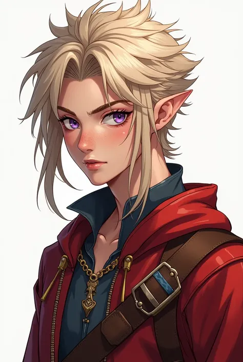 beautiful drawing, adventurers gear, androgynous half elf with small pointed ears, lavender eyes smart, light hair below the shoulders combed back, fighter aesthetic, dark red hair, anime style, portrait, facing the camera, freckles, fluffy hair, handsome ...