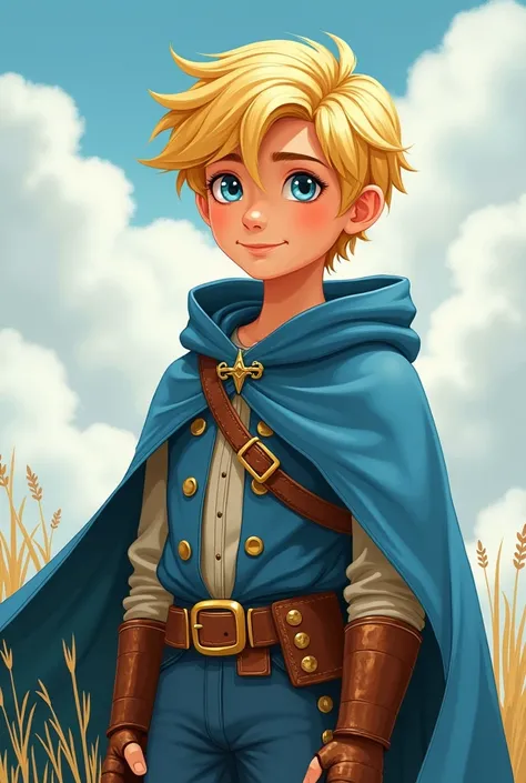  Hello, I am an English teacher in Concepción, a town in Antioquia, I want you to help me create an illustration or emulate the following context:  A boy with golden hair ,  blue eyes, dressed in a blue cape , a belt, a sword,  is also a curious  , dreamer...