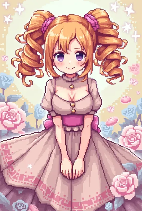 pixel art, kasane teto, female twin drill hair