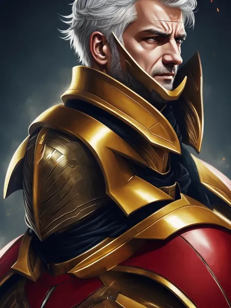 Thick acrylic illustration on pixiv, illustration,A handsome boy, gray hair,red eyes,gloomy expression,flashy clothes,golden armor,deep dark background, High quality color scheme ,Super rich detail ,8K, Best quality at the best price ,head portrait
