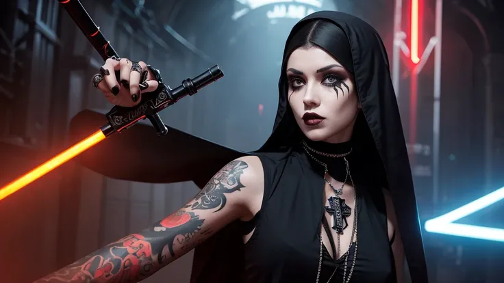 Create a bold and edgy digital artwork of a futuristic nun with tattoos and piercings. She is depicted wearing a traditional nun’s habit, but with a modern twist: a gothic-inspired cross on her chest, tattoos on her neck reading ‘Salem Ave,’ and intricate ...