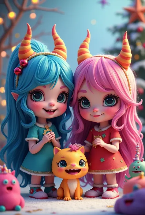  happy Christmas, happy cute monster girls, adorable monster, girls, beautiful detailed face, beautiful detailed eyes, beautiful detailed lips, long eyelashes, smiling, happy expression, monster friends, Christmas, colorful, vivid colors, fantasy, digital ...