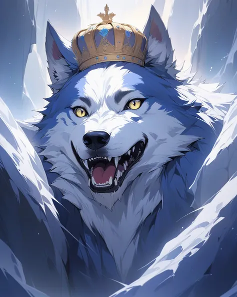 {Top Quality}, {Very Beautiful}, {Super Detail}, {Best Illustration}Four-legged beast, wolf, cool wolf, one wolf wearing a crown