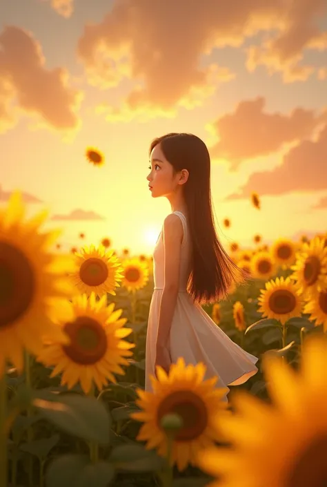 Disney-Plxar movie poster.
Features an Asian girl with long straight brown hair, fair skin, tall, wearing a white dress in a field of sunflowers, with a sky where the sun is setting.