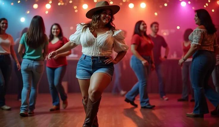 group of women and men, plus size 35 year old asian woman, cowboy boots tight jean shorts, puffy white and blue ruffled v-neck blouse, lace, auburn shoulder length hair, green hazel eyes, wood dance floor, club lighting, standing one leg, plus size 35 year...