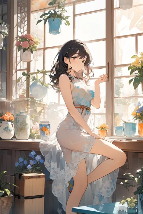 masterpiece, best quality,masterpiece, best quality, Official Art, Extremely High Definition CG Unity 8K Wallpaper,A slight retro tint, litho print style ,Illustration,cute, 1 girl ,flower,Window,flower pot, DRINK COFFEE ,. see-through , Sexy Pose ,