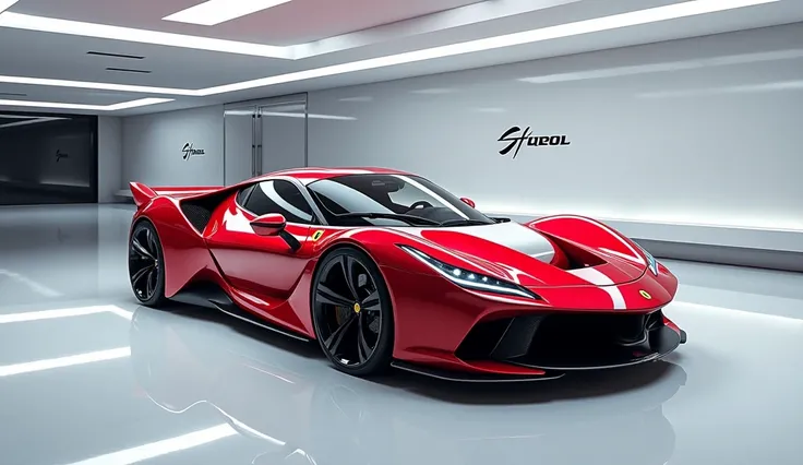 A stunning, ultra-realistic 2025 Ferrari SF100 takes center stage in this futuristic garage. The sleek, glossy red car boasts white accents that accentuate its sporty design, with an aggressive diffuser and quad exhaust tips on the front side. The sharp, a...