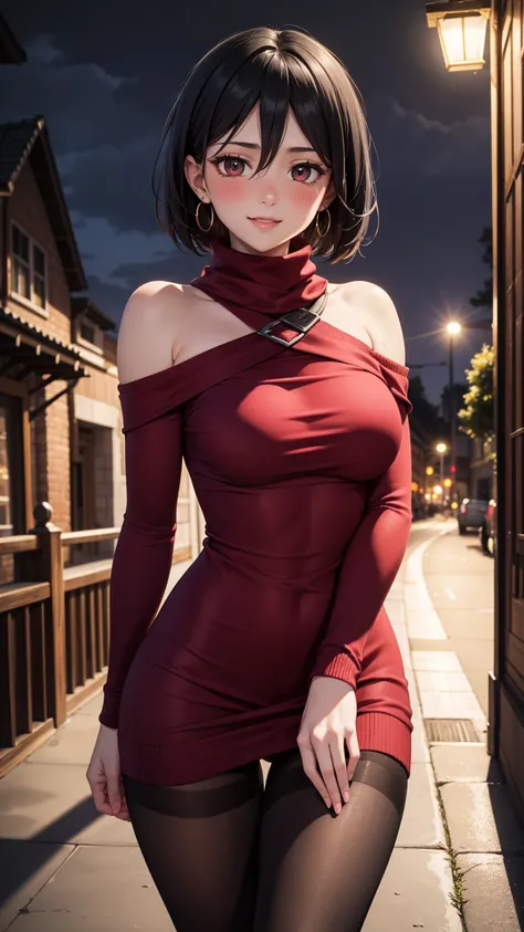  masterpiece , ultra detail,  lyrics, 8k pixels, blush, bright eyes, standing, outdoors, smile, (Evening:1.5),  slim body,   narrow waist ,  Large breasts ,your bramble,short hair,  black hair, red eyes,  bare shoulder , red sweater dress , pantyhose, earr...