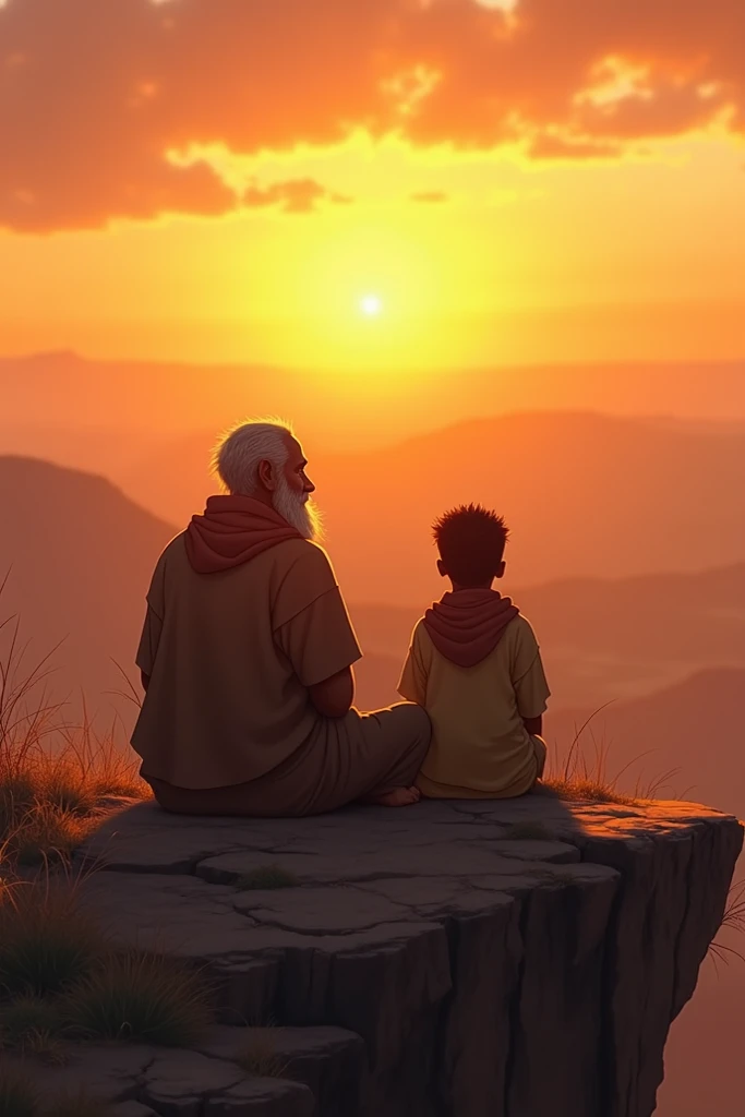 an african father and son seated at the cliff talking while watching sunset 