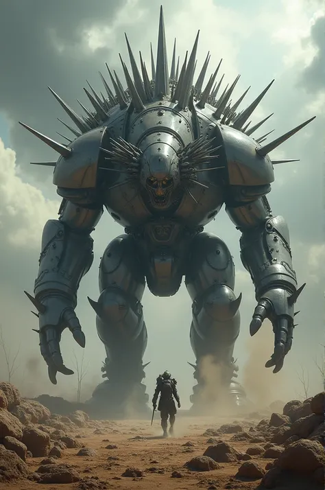 "A massive mechanical beast, resembling a porcupine with sharp metallic spikes covering its body, roaming a barren wasteland under a stormy, ash-filled sky."