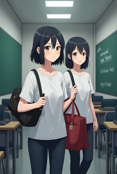 noon,  in the classroom,  Two female examiners walk into the classroom ,  holding a top secret file bag , Two female examiners wearing white T-shirts ， female examiners with short black hair,  looking at the camera ,   The lens is mainly the upper body  , ...