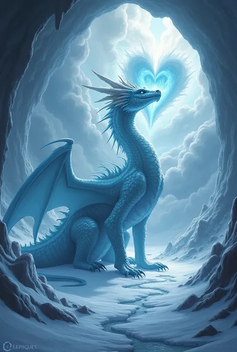 A large ice dragon inside, a heart of fire flying above white clouds with a dark stormy background.